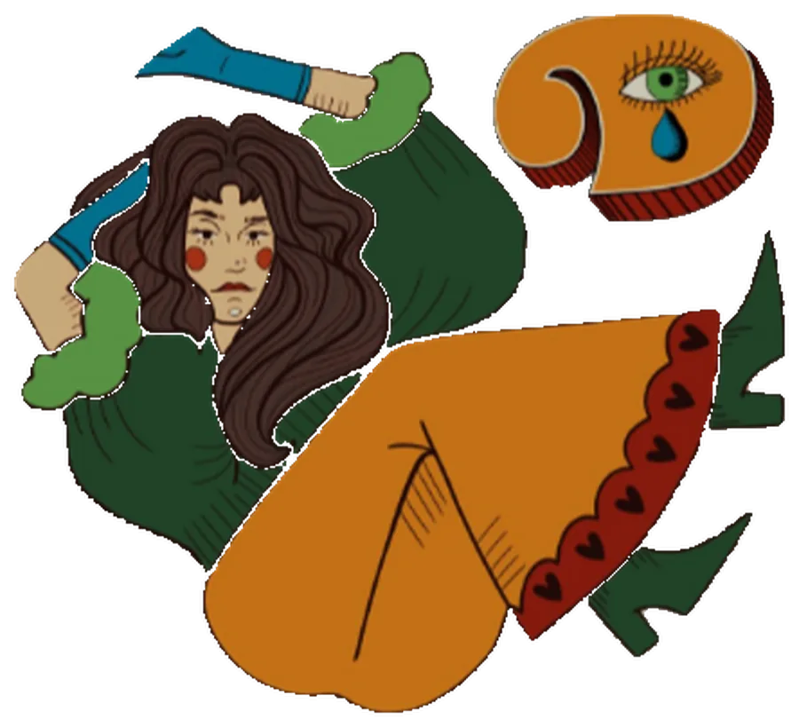 Illustration of a seamstress in a green blouse and marigold skirt, beside the Deneuve crying-eye monogram.